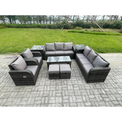 Fimous Wicker PE Rattan Sofa Set 10 Seater Outdoor Patio Garden Furniture Set with 2 Reclining Chairs Coffee Table 2 Side Tables 2 Small Footstools Dark Grey Mixed