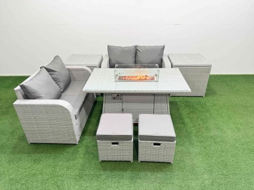 Fimous 6 Seater Outdoor Love Sofa Set Rattan Garden Furniture Set with Firepit Dining Table 2 Small Stools 2 Side Tables Light Grey