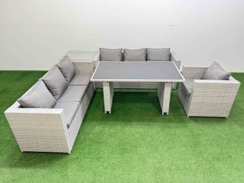 Fimous Patio Garden Furniture Sets with Black Glass Top Dining Table 3 Seater Sofa Armchair Side Table Light Grey