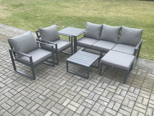 Fimous Aluminium 6 Seater Outdoor Lounge Sofa Set Garden Furniture Sets with Square Coffee Table Chair Big Footstool Side Table Dark Grey