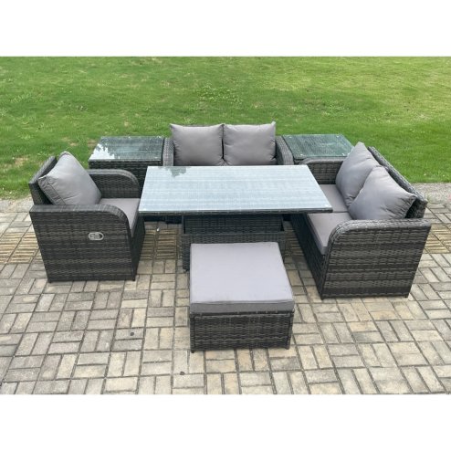 Fimous 6 Seater Rattan Furniture Garden Dining Set Outdoor Height Adjustable Rising lifting Table Love Sofa Chair With 2 Side Tables Big Footstool