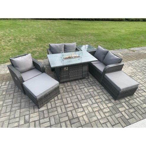 Fimous Outdoor Sofa Rattan Garden Furniture Set Patio Gas Fire Pit Dining Table and Reclining Chair set with Side Tables 2 Big Footstool Dark Grey Mixed