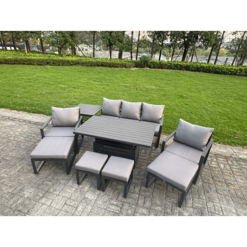 Fimous Aluminium Garden Furniture Sets 9 Seater Outdoor Sofa Set with Adjustable Rising Lifting Dining Table 2 Chairs 4 Footstools