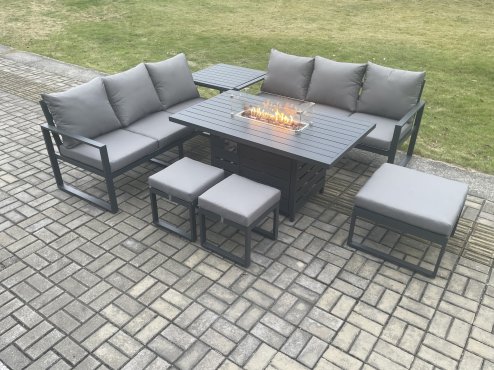 Fimous Aluminium Outdoor Lounge Sofa Garden Furniture Sets Gas Fire Pit Dining Table Set with 3 Footstools Side Table Dark Grey