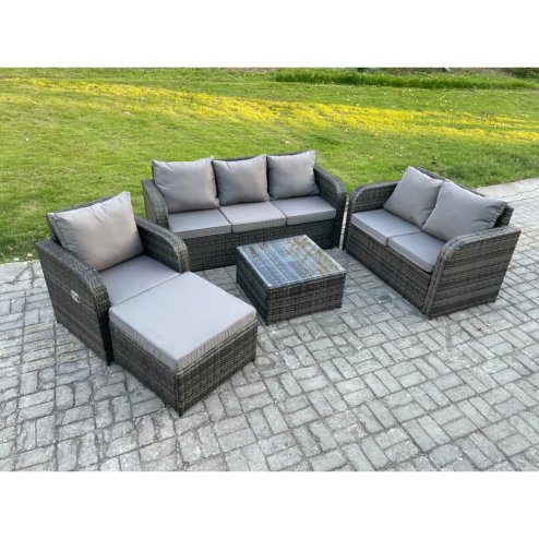 Fimous Rattan Garden Furniture 5 Piece Patio Set With Table Sofa Square Coffee Table Reclining Chair Loveseat sofa Big Footstool