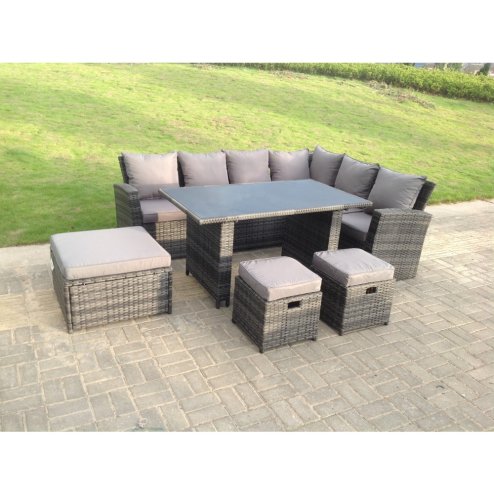 Fimous 9 Seater High Back Rattan Garden Furniture Set Corner Sofa With Black Tempered Glass Dining Table 3 Stool