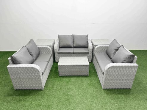 Fimous 6 Seater PE Wicker Rattan Furniture Sofa Sets with Rectangular Coffee Table 2 Seater Love Sofa 2 Side Table Light Grey Image