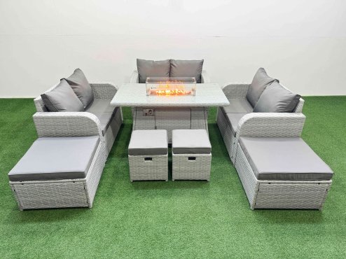 Fimous PE Rattan Lounge Sofa Set 10 Seater Outdoor Garden Furniture Set with Gas Firepit Table Love Sofa 2 Big Footstools Light Grey