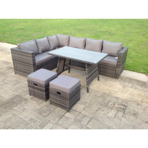 Dark Mixed Grey Rattan Garden Outdoor Corner Sofa Set Rectangular Dining Table Small Footstools 8 Seater