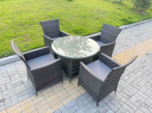 Fimous 5-Piece PE Rattan Garden Furniture 4 Seater Garden Medium Round Table and Chairs for Patio Dark Grey Mixed