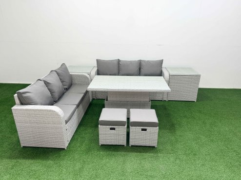Fimous Outdoor Garden Furniture Sets 8 Seater Wicker Rattan Furniture Sofa Sets with Adjustable Lifting Dining or Coffee Table high Back Lounge Sofa Stools 2 Side Table Light Grey
