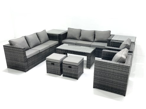 Fimous Rattan Garden Furniture Sofa Set with Coffee table Armchair 2 Side Tables 2 Small Footstools Dark Grey Mixed