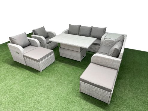Fimous PE Rattan Garden Furniture Set Reclining Chair Sofa Double Love Seat 2 Seater Sofa Lounge Set Adjustable Lifting Dining or Coffee Table 2 Big Footstool Side Table Light Grey