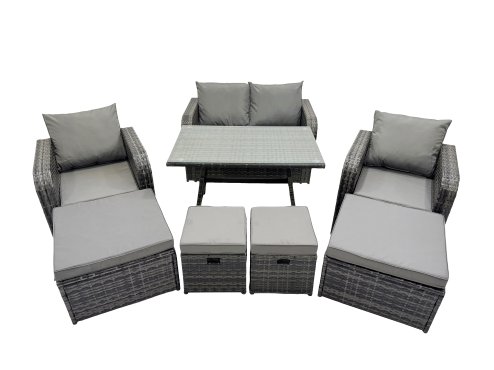 Fimous 8 Seater Garden Outdoor Rattan Furniture Set Rattan Sofa Oblong Dining Table with 2 Big Stools Dark Grey