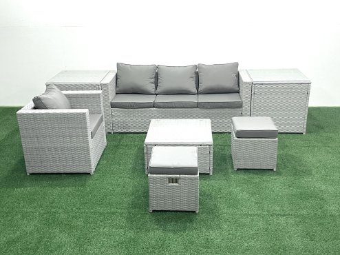 Fimous Garden Outdoor Furniture Set 6 Seater Rattan Sofa Set with Big Footstool Armchair 2 Side Tables Light Grey Mixed