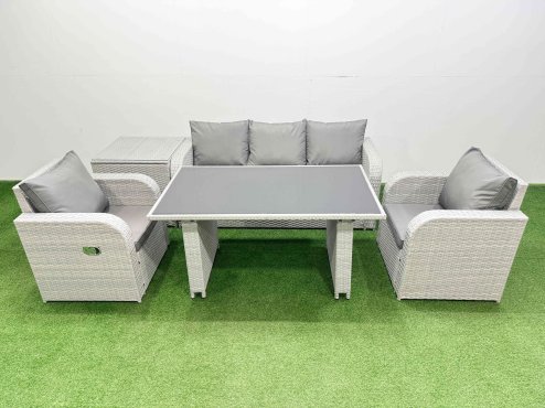 Fimous Outdoor Rattan Garden Furniture Dining Set 5-seater Patio Rectangular Table 3 Seater Sofa Reclining Chair Set with Side Table