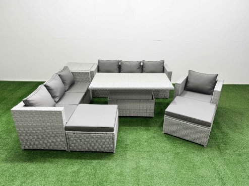 Fimous 7 PCs Rising Dining Table Set Rattan Furniture Set with 3 Seater Sofa Chair 2 Big Footstool Side Table Light Grey
