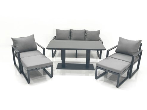Fimous Outdoor Aluminium Garden Furniture Set with Adjustable Rising Lifting Dining Table 3 Seater Sofa 2 Chair 2 Big Footstools Dark Grey