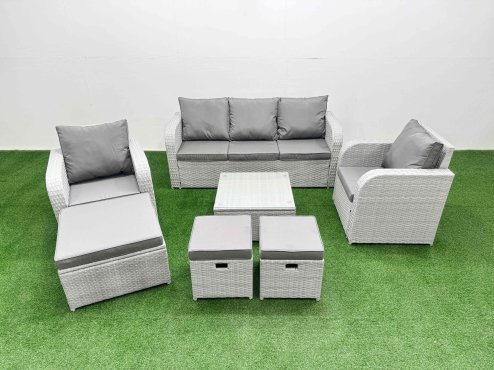 Fimous PE Rattan Garden Furniture Set Reclining Chair Sofa Lounge Sofa Set Square Coffee Table 3 Stools Light Grey Image
