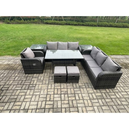 Fimous 9 Seater Outdoor Rattan Garden Furniture Set Oblong Rectangular Dining Table and Chairs Set with 3 Seater Sofa 2 Small Footstools 2 Side Tables Dark Grey Mixed