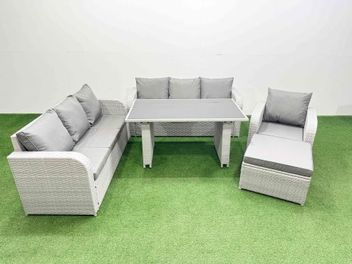 Fimous Rattan Garden Furniture Dining Set 8-seater Patio Rectangular Table Sofa Set with Big Stool Light Grey