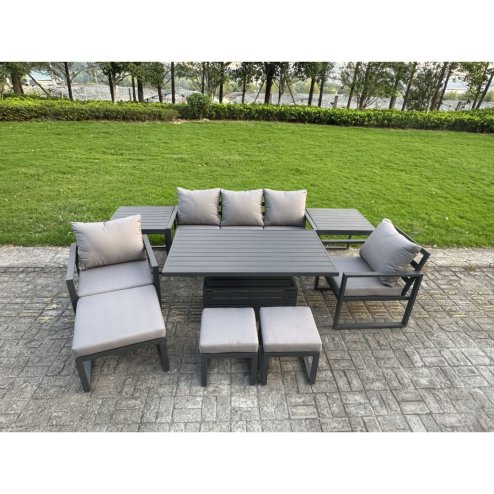 Fimous Aluminium Garden Furniture Sets 8 Seater Outdoor Sofa Set with Adjustable Rising Lifting Dining Table 2 Chairs 3 Footstools Side Table