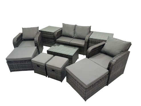 Fimous Outdoor Love Sofa Reclining Chair Coffee Table Set Garden Rattan Furniture Set 8 Seater with 4 Stools 2 Side Tables Dark Grey