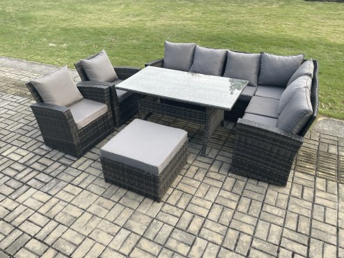 Fimous 9 Seater Garden Rattan Furniture Corner Sofa Dining Table Chairs Set with Big Footstool 2 Armchairs Indoor Outdoor Lounge Sofa Set