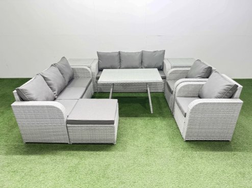 Fimous Rattan High Back Lounge Sofa Set Patio Dining Table & Chairs Set with 3 Seater Sofa 2 Reclining Chairs 2 Side Tables Big Stool Light Grey