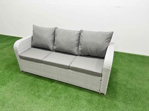 Fimous PE Rattan Garden Furniture Set Reclining Chair Sofa Double Love Seat 2 Seater Sofa Lounge Set Firepit Dining Table Big Footstool Light Grey