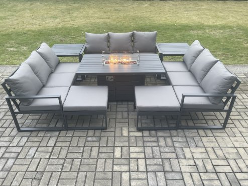 Fimous Aluminium 11 Seater Garden Furniture Outdoor Set Patio Lounge Sofa Gas Fire Pit Dining Table Set with 2 Big Footstools 2 Side Tables Dark Grey