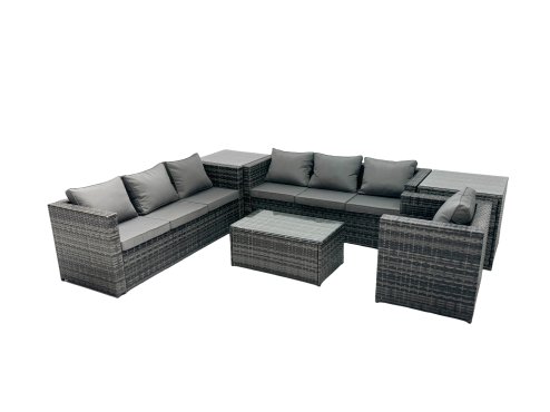 Fimous Rattan Garden Furniture Dining Set 7-seater Patio Coffee Table Sofa Set with 2 Side Tables Dark Grey Mixed