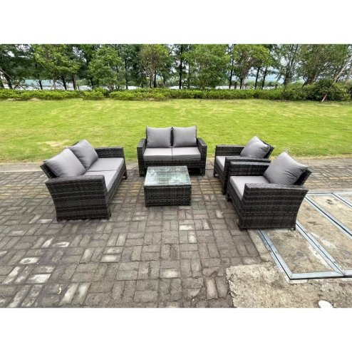 Fimous 6 Seater Dark Grey Mixed High Back Rattan Sofa Set Square Coffee Table Garden Furniture Outdoor Patio With Love Sofa Arm Chairs