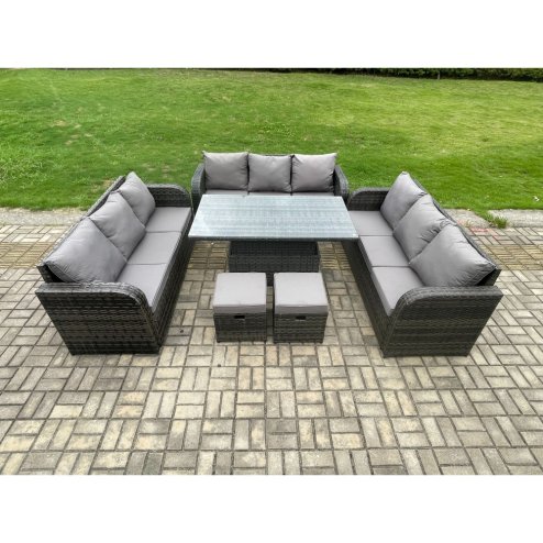 Fimous Patio Garden Dining Set Outdoor Rattan Furniture Lounge Sofa Height Adjustable Rising lifting Table With 2 Small Footstools Dark Grey Mixed
