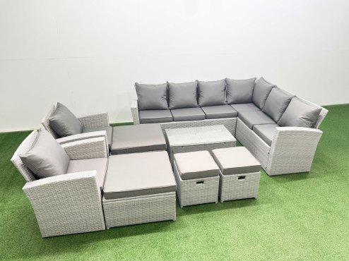 Fimous Garden Outdoor PE Rattan Furniture Set 12 Seater Rattan Garden Sofa Set with 2 Big Footstools Light Grey Mixed
