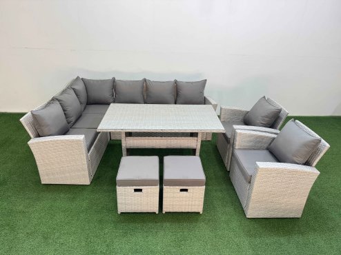 Fimous 10 Seater Rattan Garden Furniture Set Outdoor Patio Dining Corner Sofa Sets with Dining Table 2 Chairs 2 Small Footstool Light Grey Mixed