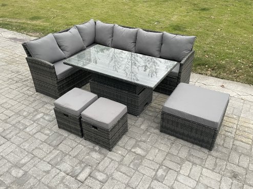 Fimous Wicker PE Outdoor Rattan Garden Furniture Set Height Adjustable Rising Lifting Table Sofa Dining Set with 3 Footstools Dark Grey Mixed