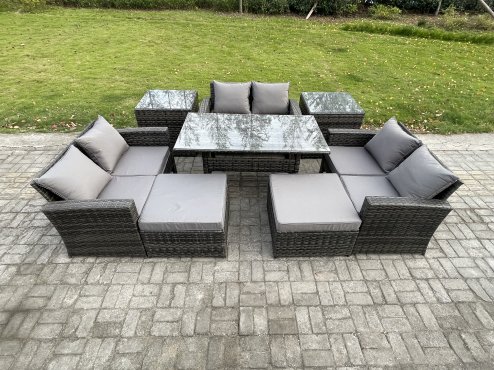 Fimous Wicker PE Rattan Garden Furniture Sets Outdoor Lounge Sofa Set with Oblong Dining Table Double Seat Sofa 2 Big Footstool 2 Side Tables Dark Grey Mixed