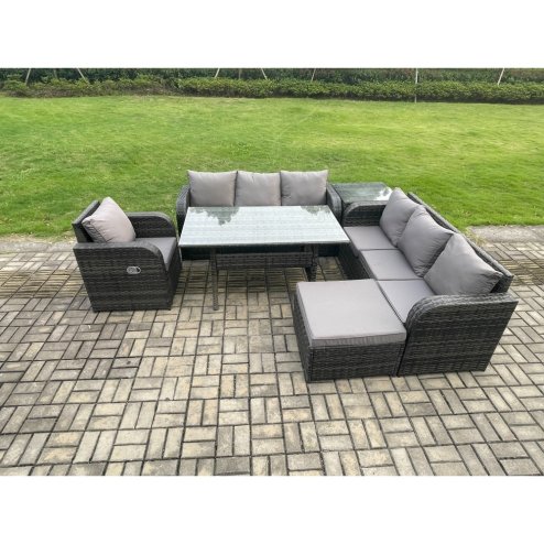 Fimous 8 Seater Rattan Garden Furniture Set Oblong Rectangular Dining Table and Chairs Set with 3 Seater Sofa Big Footstool Side Tables Dark Grey Mixed