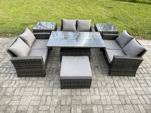 Fimous 7 pieces Outdoor Lounge Sofa Set Wicker PE Rattan Garden Furniture Set with Rising Lifting Table Double Seat Sofa 2 Side Tables Big Footstool Dark Grey Mixed
