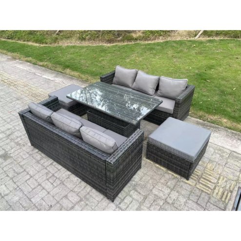Fimous 8 Seater Wicker PE Rattan Sofa Garden Furniture Set Outdoor Adjustable Rising Lifting Dining Table Set with 2 Big Footstools Dark Grey Mixed