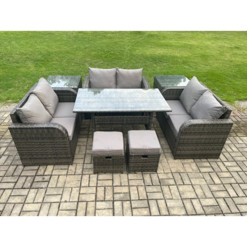 Fimous 8 Seater Outdoor Rattan Garden Furniture Set with Patio Rectangular Dining Table 2 Side Tables Love Sofa 2 Small Footstools Dark Grey Mixed