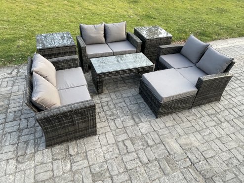 Fimous 7 PCS Outdoor Lounge Sofa Set Wicker PE Rattan Garden Furniture Set with Coffee Table Double Seater Sofa 2 Side Tables Big Footstool Dark Grey Mixed