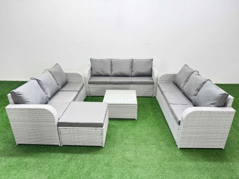 Fimous PE Rattan Lounge Sofa Set 10 Seater Outdoor Garden Furniture Set with Square Coffee Table 3 Seater Sofa Big Footstool Light Grey Image