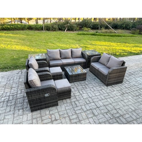 Fimous 9 Seater Garden Furniture Set Rattan Outdoor Lounge Sofa Chair With Tempered Glass Table 2 Small Footstools 2 Side Tables Dark Grey Mixed