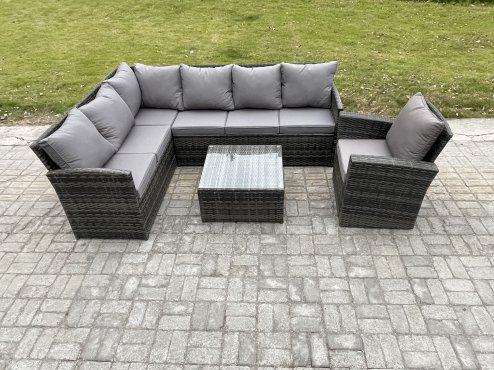 Fimous 7 Seater Outdoor Garden Furniture Set Wicker PE Rattan Corner Sofa Set with Square Coffee Table Armchairs Dark Grey Mixed