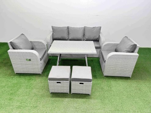 Fimous Reclining Chair 3 Seat Sofa Set Garden Furniture Set with Rectangular Dining Table 2 Small Footstools Light Grey