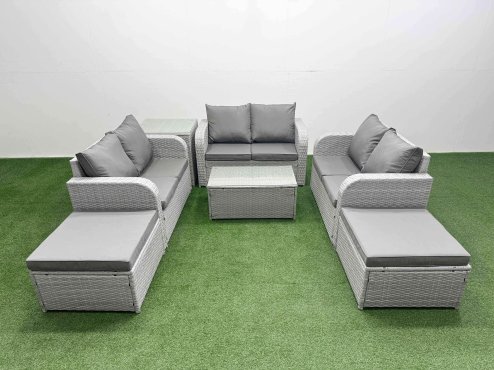 Fimous 8 Seater PE Wicker Rattan Furniture Sofa Sets with Rectangular Coffee Table 2 Seater Love Sofa 2 Big Footstool Side Table Light Grey Image