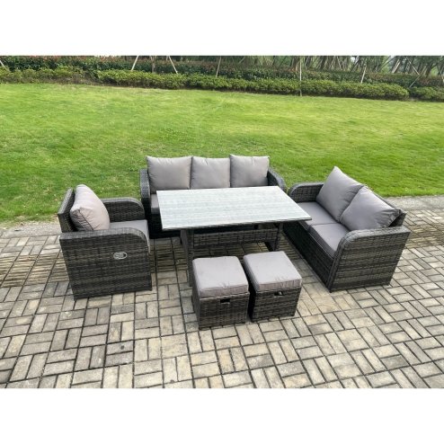 Fimous 8 Seater Rattan Garden Furniture Set with Patio Sofa Rectangular Dining Table 2 Small Footstools Indoor Conservatory Patio Set