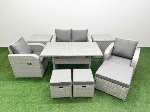 Fimous Light Grey PE Wicker Rattan Garden Furniture Set Sofa Set Reclining Chair Rectangular Dining Table 7 Seater 3 Stools 2 Side Table